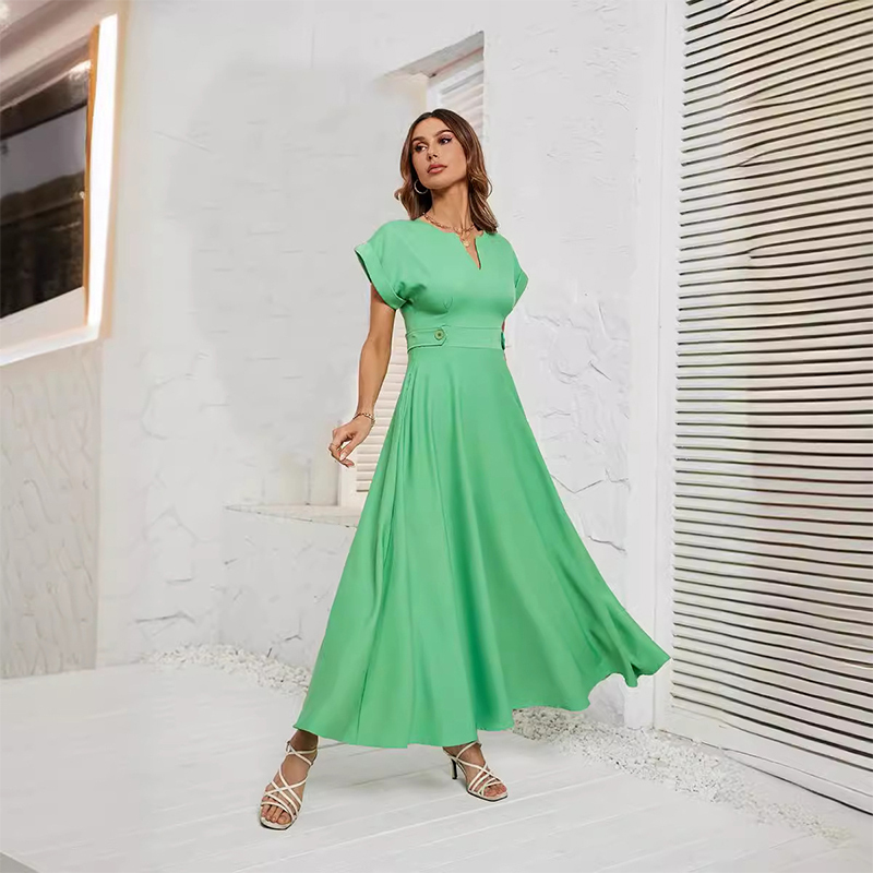 Summer fashion small V-neck short-sleeved waist dress for women