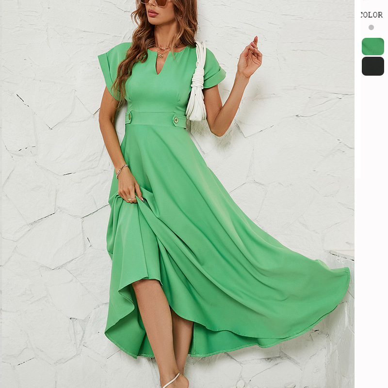 Summer fashion small V-neck short-sleeved waist dress for women