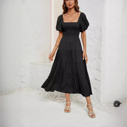 Women's Summer Solid Color High Waist Puff Sleeve Waist Dress for Women