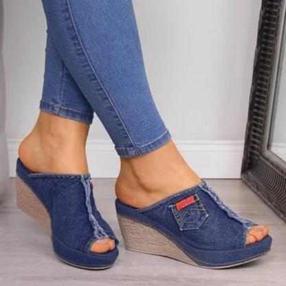Women's peep toe denim platform wedge slide sandals