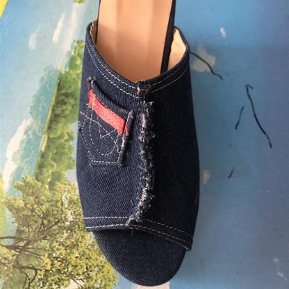 Women's peep toe denim platform wedge slide sandals