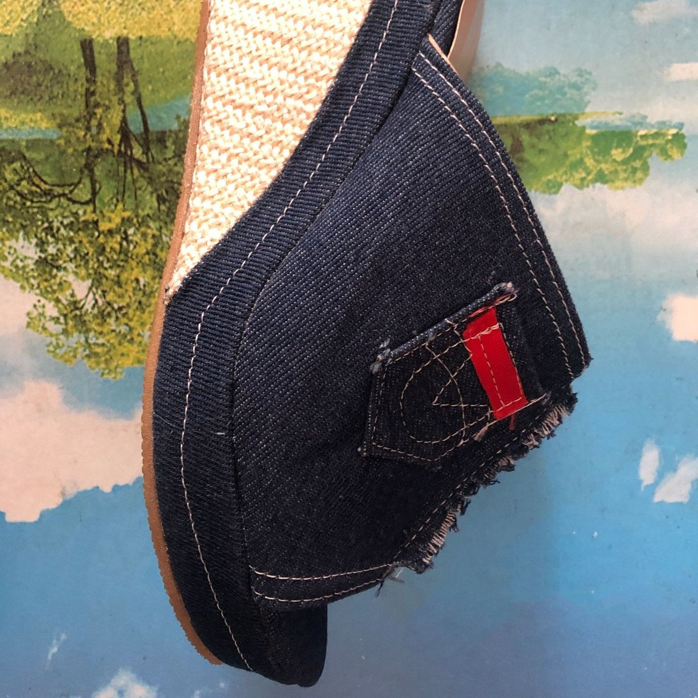 Women's peep toe denim platform wedge slide sandals