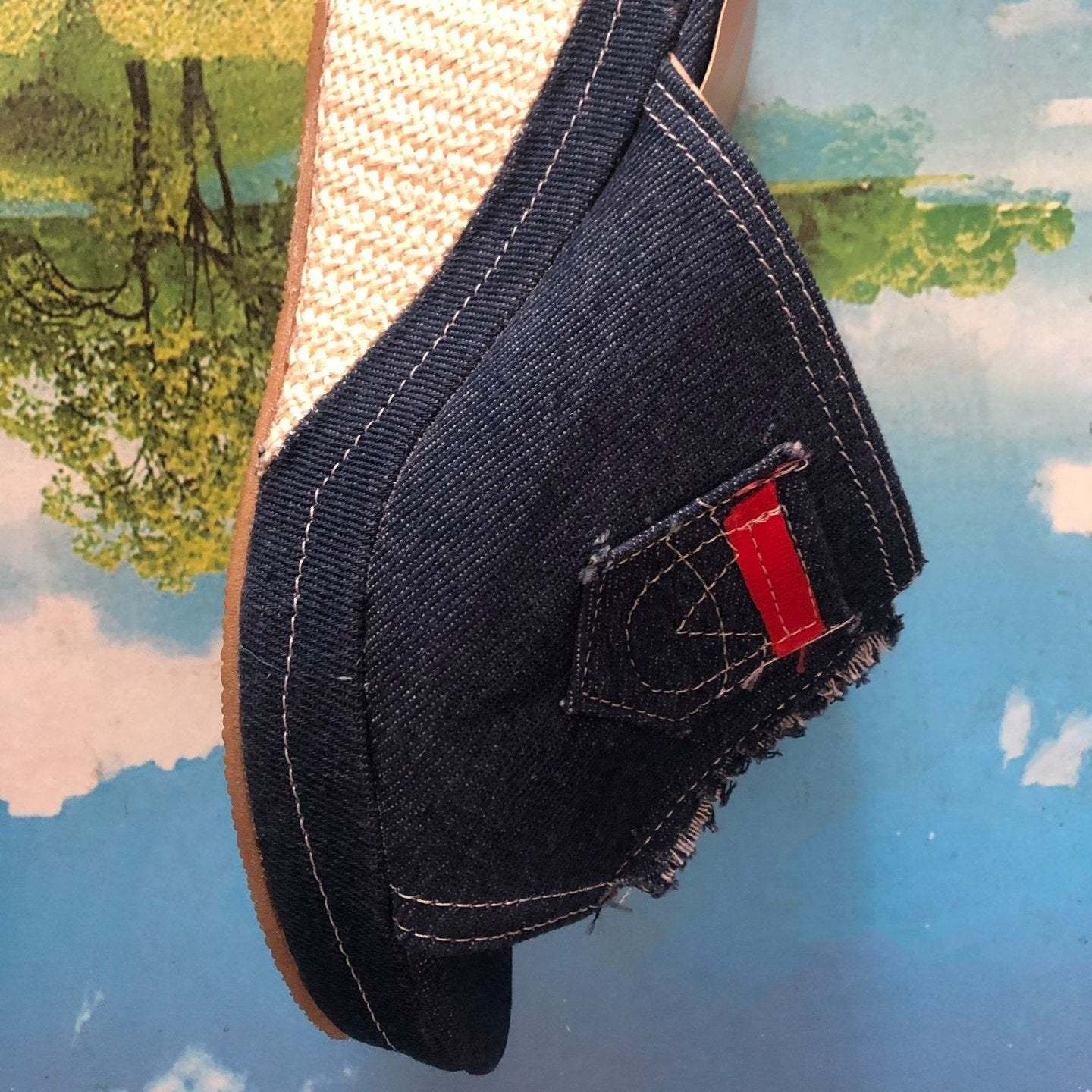 Women's peep toe denim platform wedge slide sandals