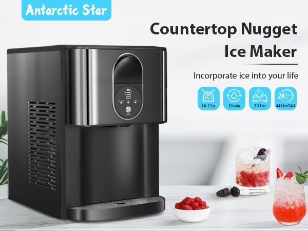 Product Introduction of Nugget Ice Maker,44 Lbs/24H,Countertop Ice Maker with Soft Chewable Ice,OneClick Operation,Make ice in 15mins,Auto-Cleaning, Self Dispensing ice Pellet ,Ice Full Indicator,Selfcleaning,For Home/Kitchen/Office/Party/Bar,Utensils, Blackï¼ŒAntarctic Star. 0