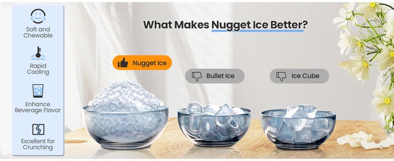 Product Introduction of Nugget Ice Maker,44 Lbs/24H,Countertop Ice Maker with Soft Chewable Ice,OneClick Operation,Make ice in 15mins,Auto-Cleaning, Self Dispensing ice Pellet ,Ice Full Indicator,Selfcleaning,For Home/Kitchen/Office/Party/Bar,Utensils, Blackï¼ŒAntarctic Star. 2