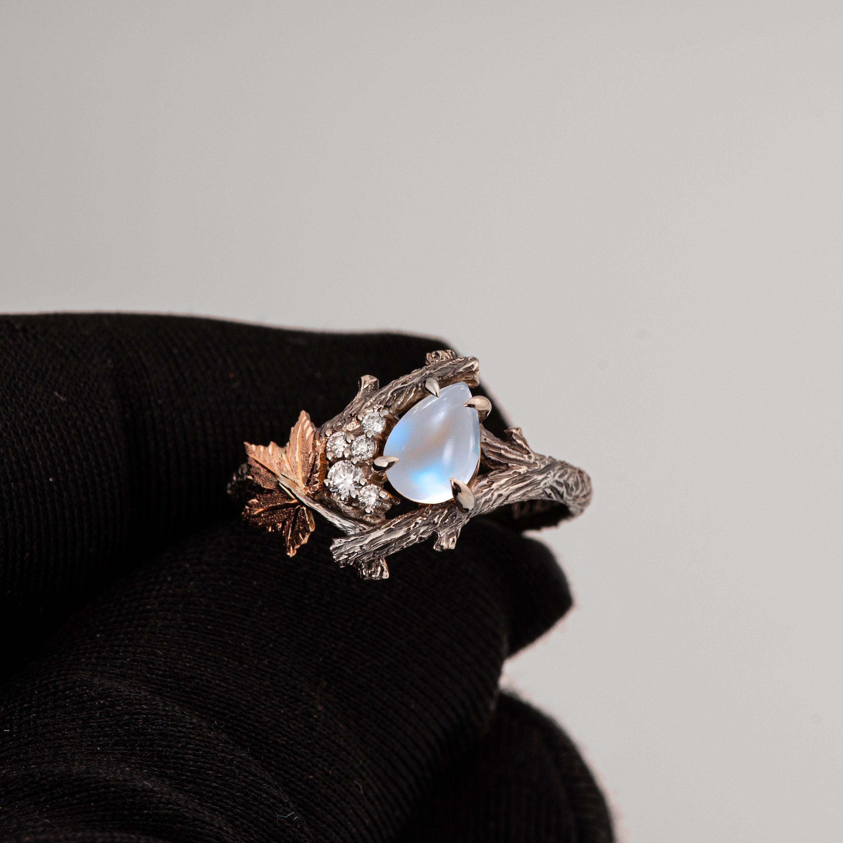Vintage Bohemian Style Maple Leaf Moonstone Ring