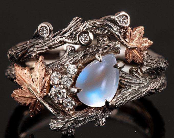 Vintage Bohemian Style Maple Leaf Moonstone Ring