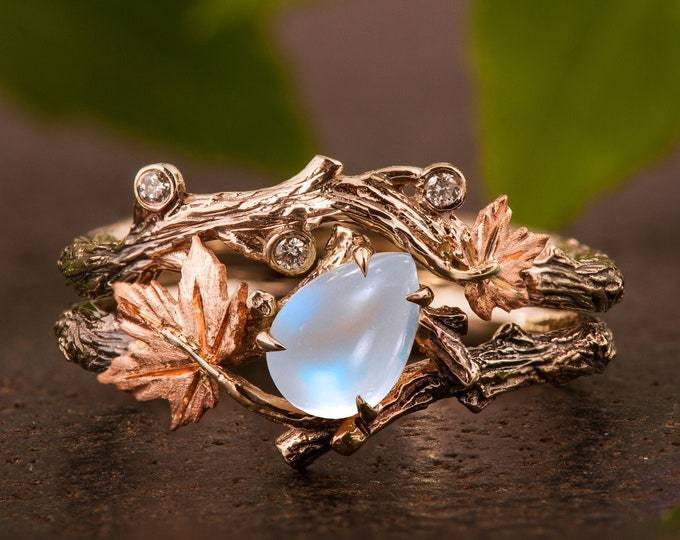 Vintage Bohemian Style Maple Leaf Moonstone Ring