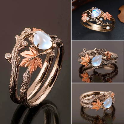 Vintage Bohemian Style Maple Leaf Moonstone Ring