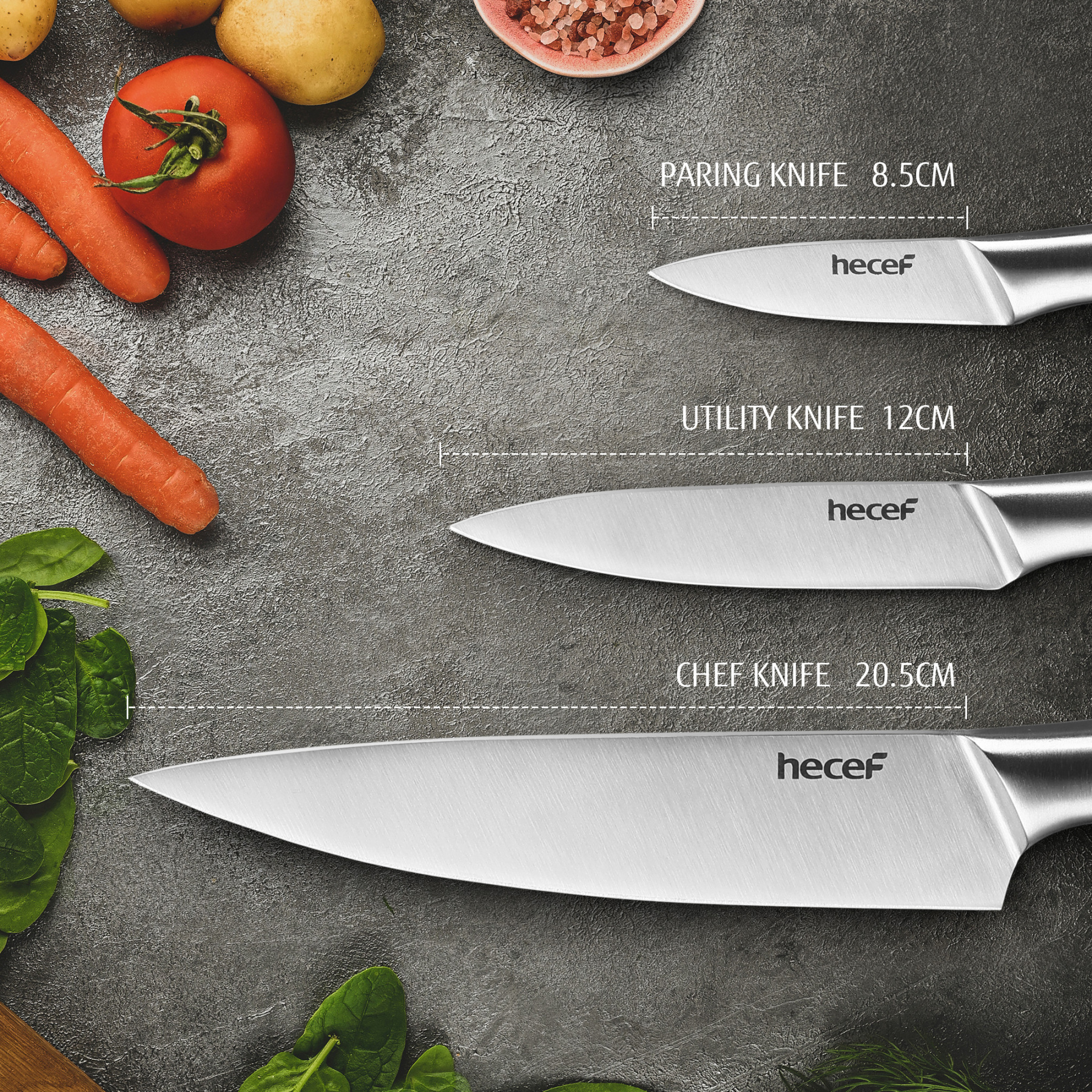 hecef 3-piece knife set sharp kitchen knives with stainless steel blade and hollow handle blade guard