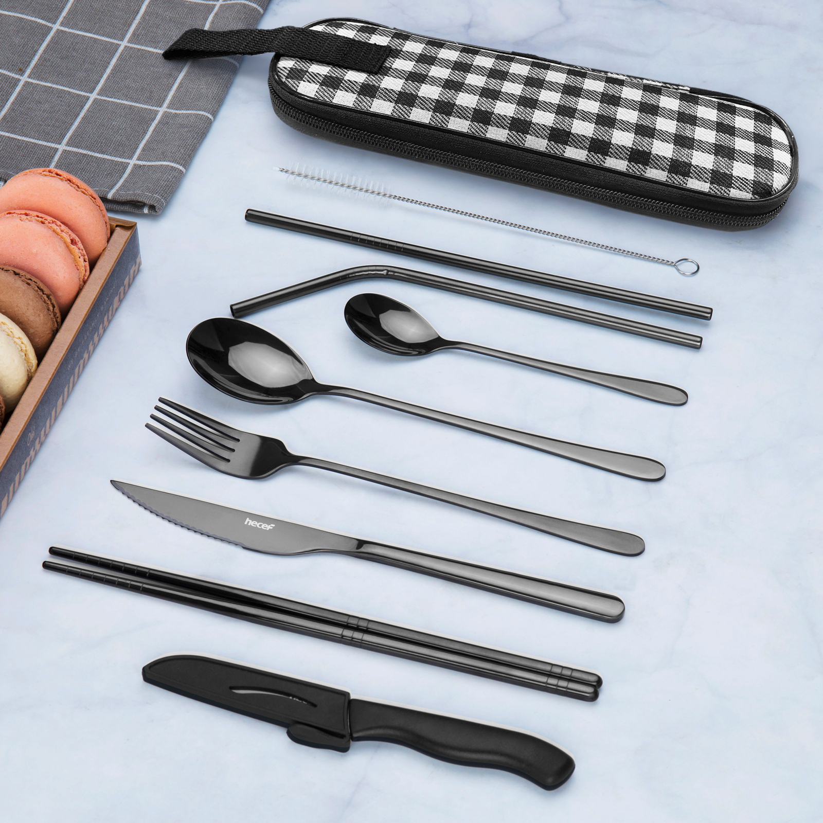 hecef 11 PCS Black Titanium Plating Travel Cutlery Set with Compact Carrying Box& Bag(Black)