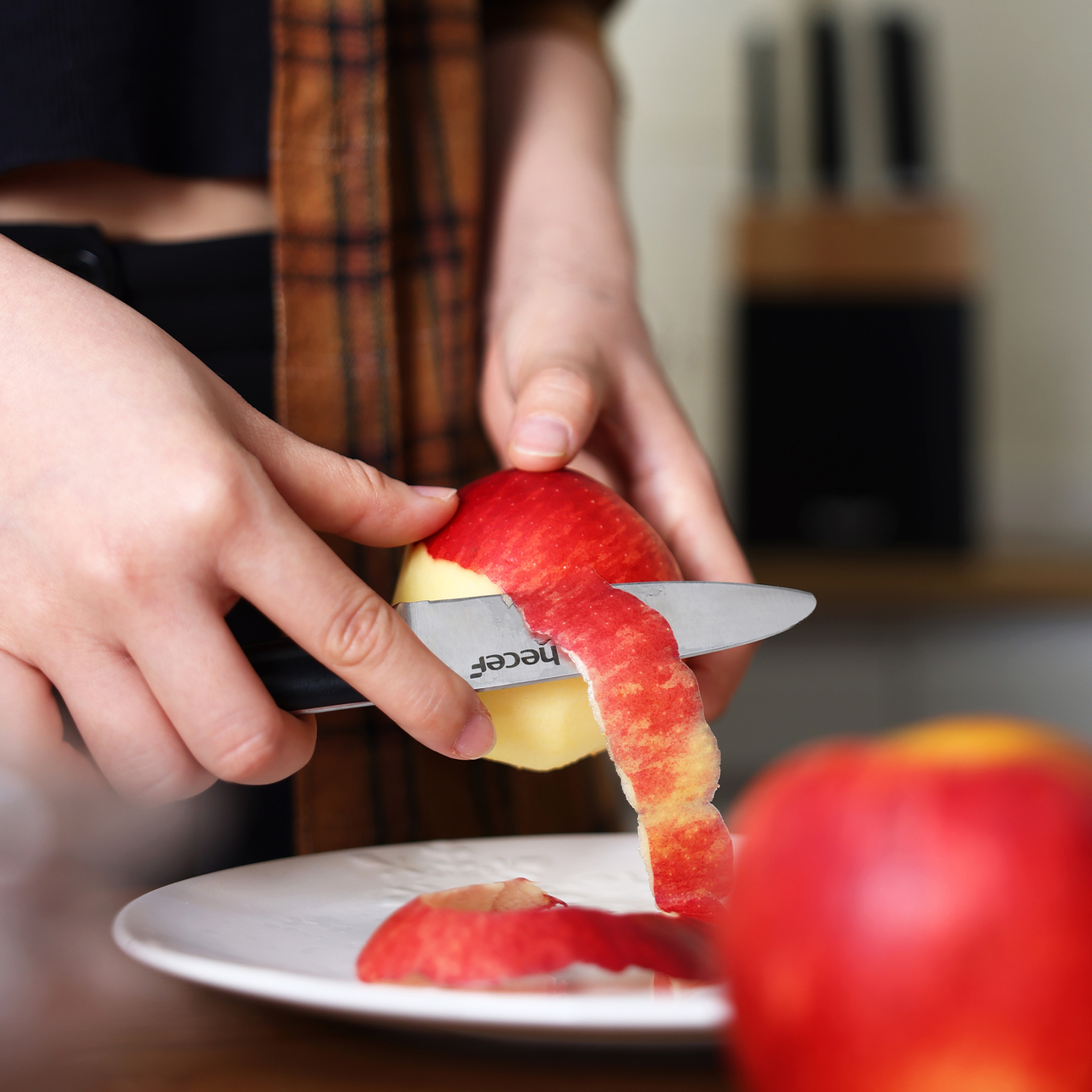 hecef 7pcs knife set with block – forged stainless steel kitchen knives, full tang handle with double bolster Red Dot Design Award, gift idea for the kitchen