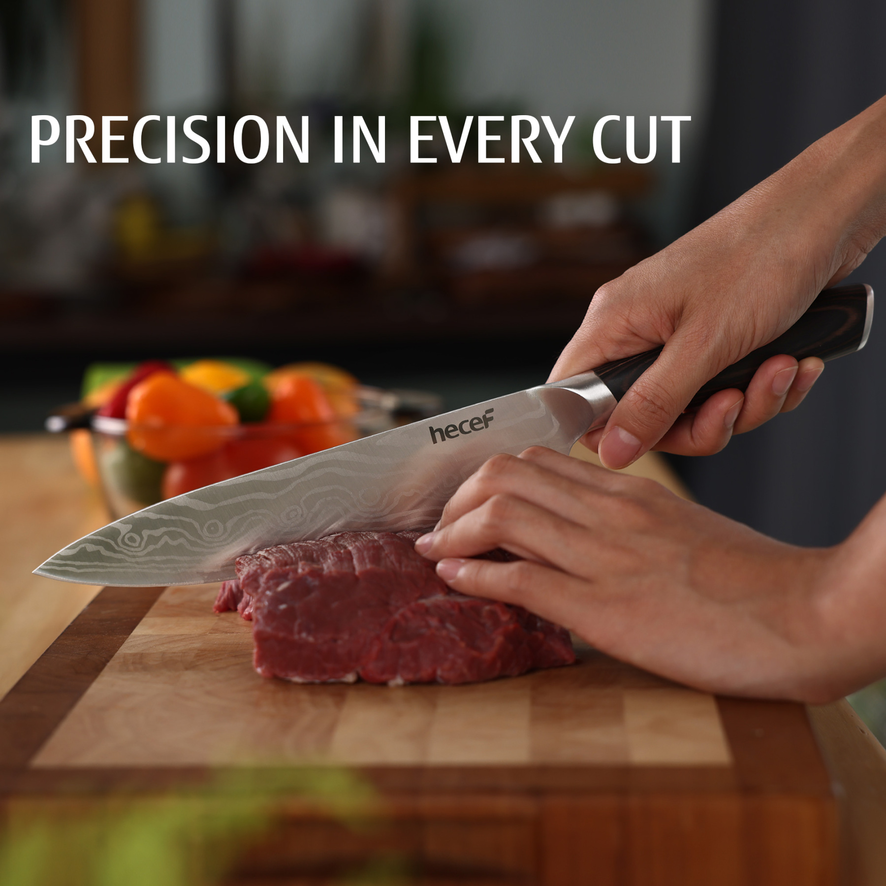 Hecef 8-Inch Chef Knife with Japanese Damascus Pattern Sharp Non-stick Ergonomic Wood Handle