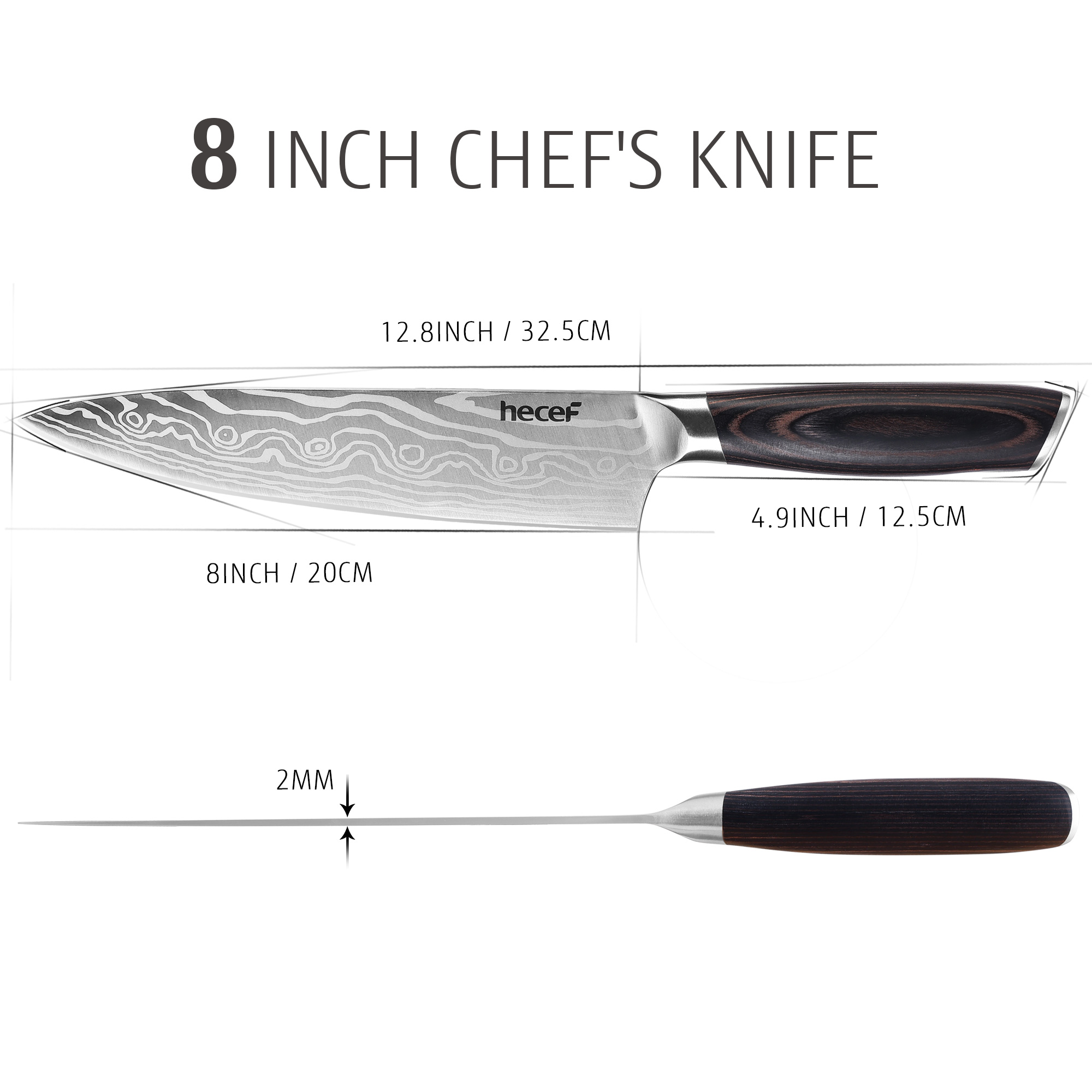 Hecef 8-Inch Chef Knife with Japanese Damascus Pattern Sharp Non-stick Ergonomic Wood Handle