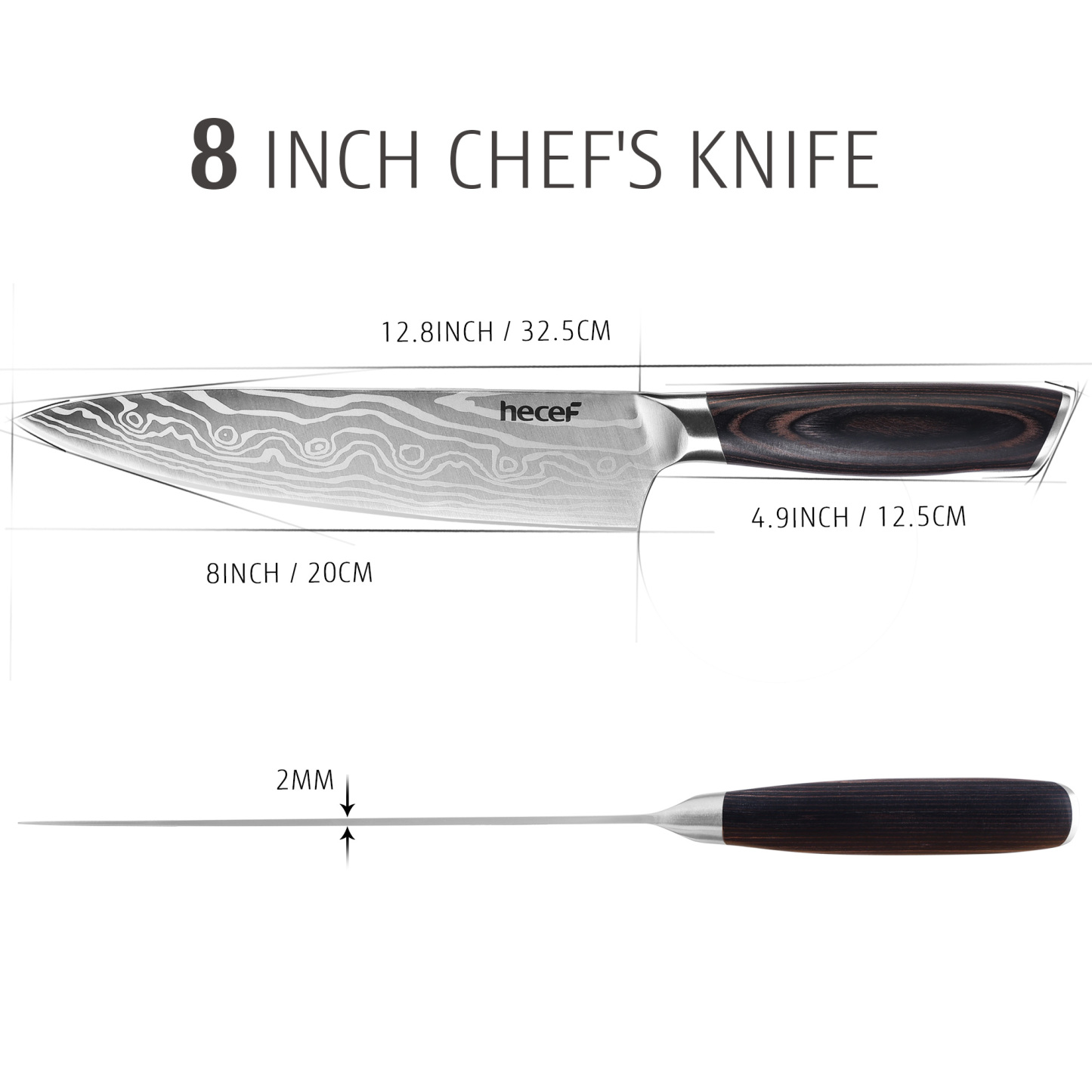 Hecef 8-Inch Chef Knife with Japanese Damascus Pattern Sharp Non-stick Ergonomic Wood Handle