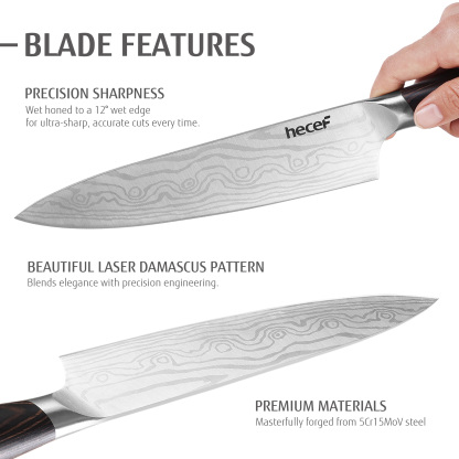Hecef 8-Inch Chef Knife with Japanese Damascus Pattern Sharp Non-stick Ergonomic Wood Handle