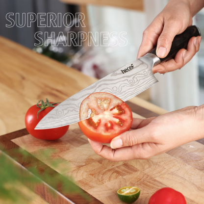 Hecef 8-Inch Chef Knife with Japanese Damascus Pattern Sharp Non-stick Ergonomic Wood Handle