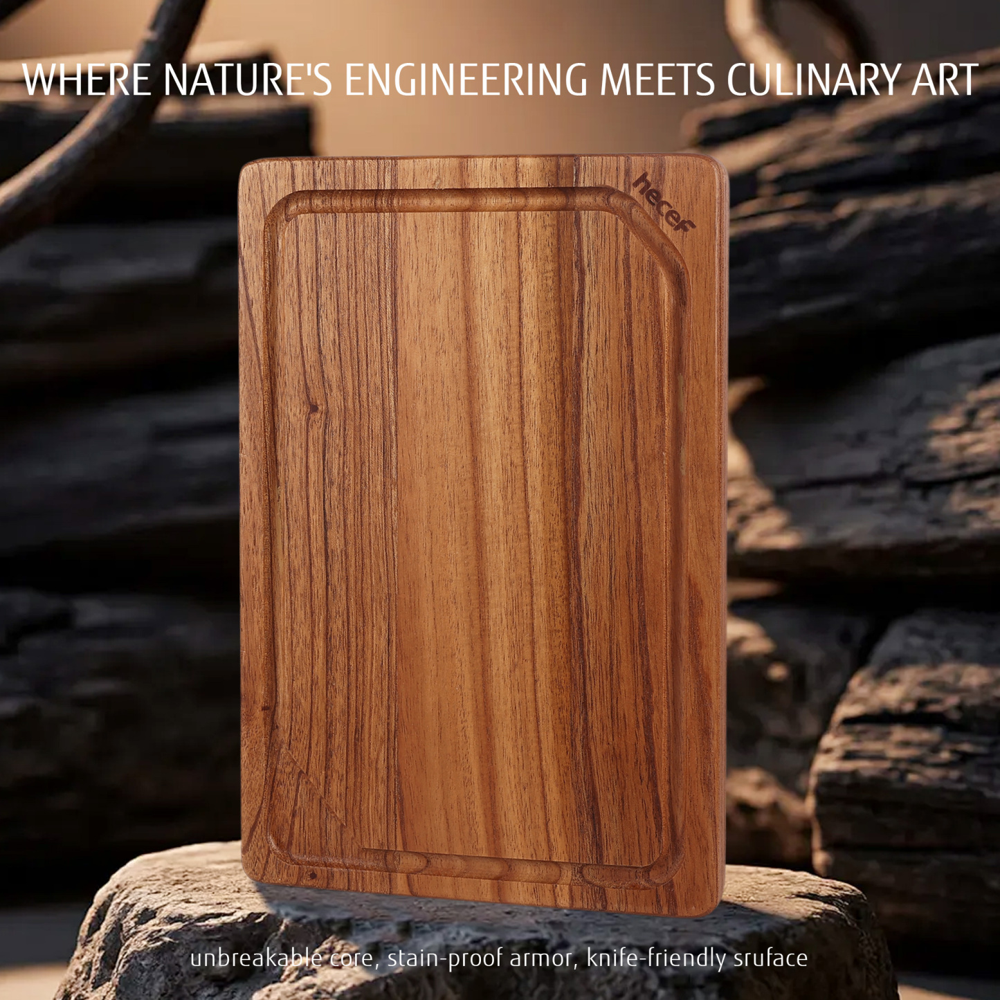 Hecef 3PCS Multi-size Chinaberry Wood Cutting Board Set Storage Stand, Juice Groove Chopping Board Set