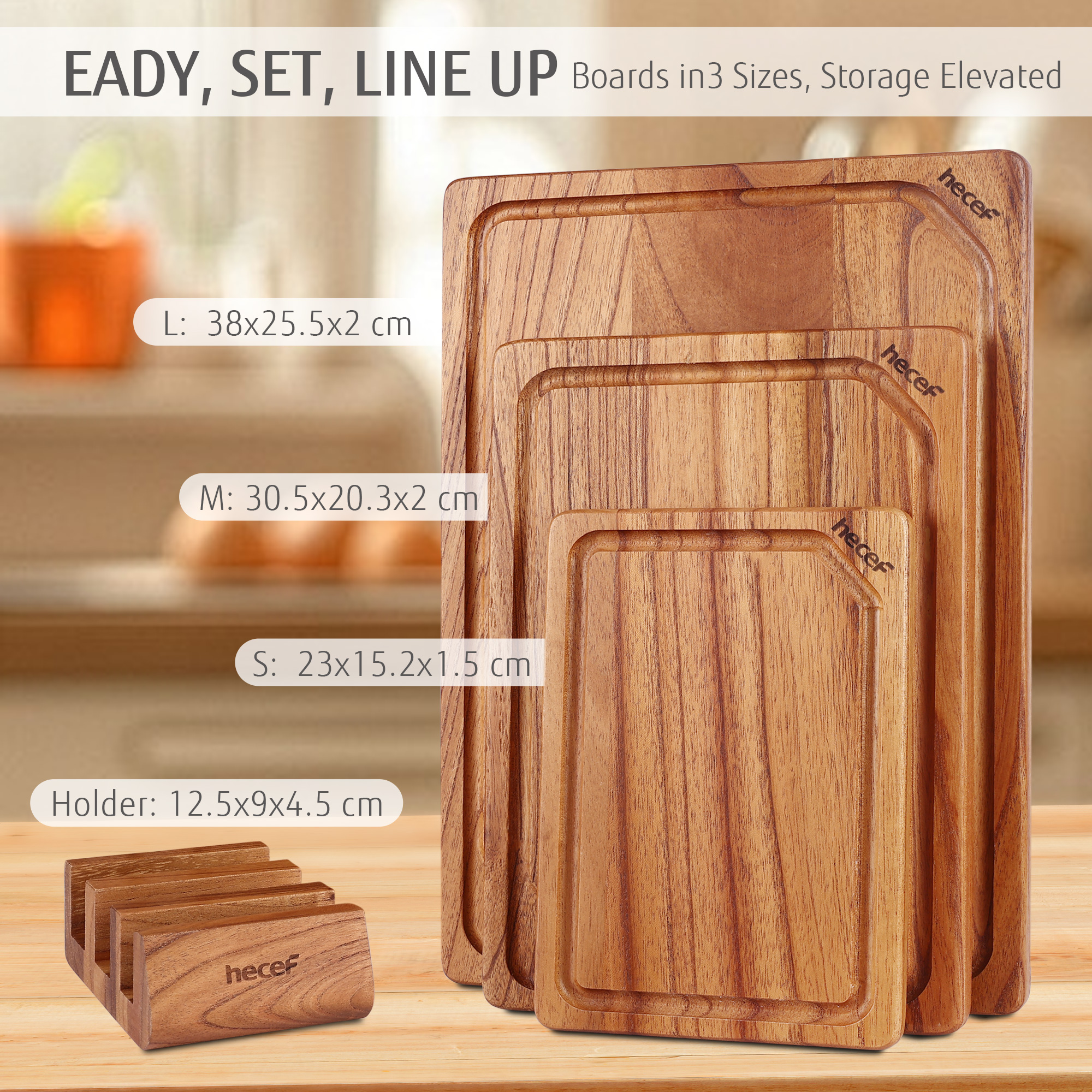 Hecef 3PCS Multi-size Chinaberry Wood Cutting Board Set Storage Stand, Juice Groove Chopping Board Set
