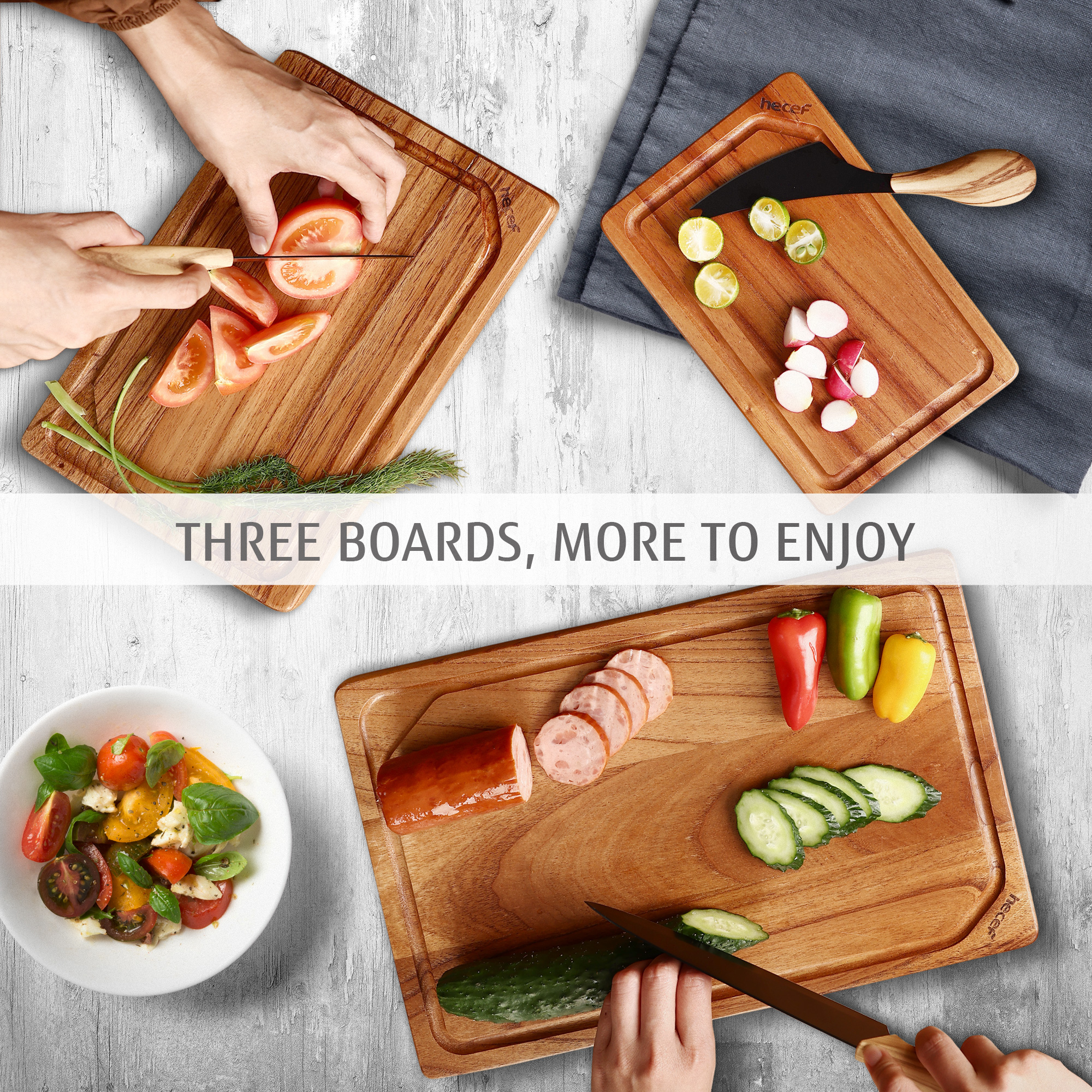 Hecef 3PCS Multi-size Chinaberry Wood Cutting Board Set Storage Stand, Juice Groove Chopping Board Set