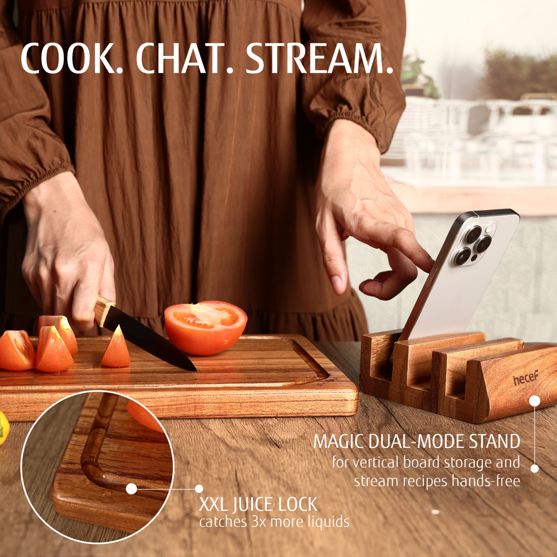 Hecef 3PCS Multi-size Chinaberry Wood Cutting Board Set Storage Stand, Juice Groove Chopping Board Set