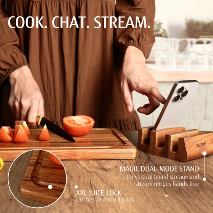 Hecef 3PCS Multi-size Chinaberry Wood Cutting Board Set Storage Stand, Juice Groove Chopping Board Set