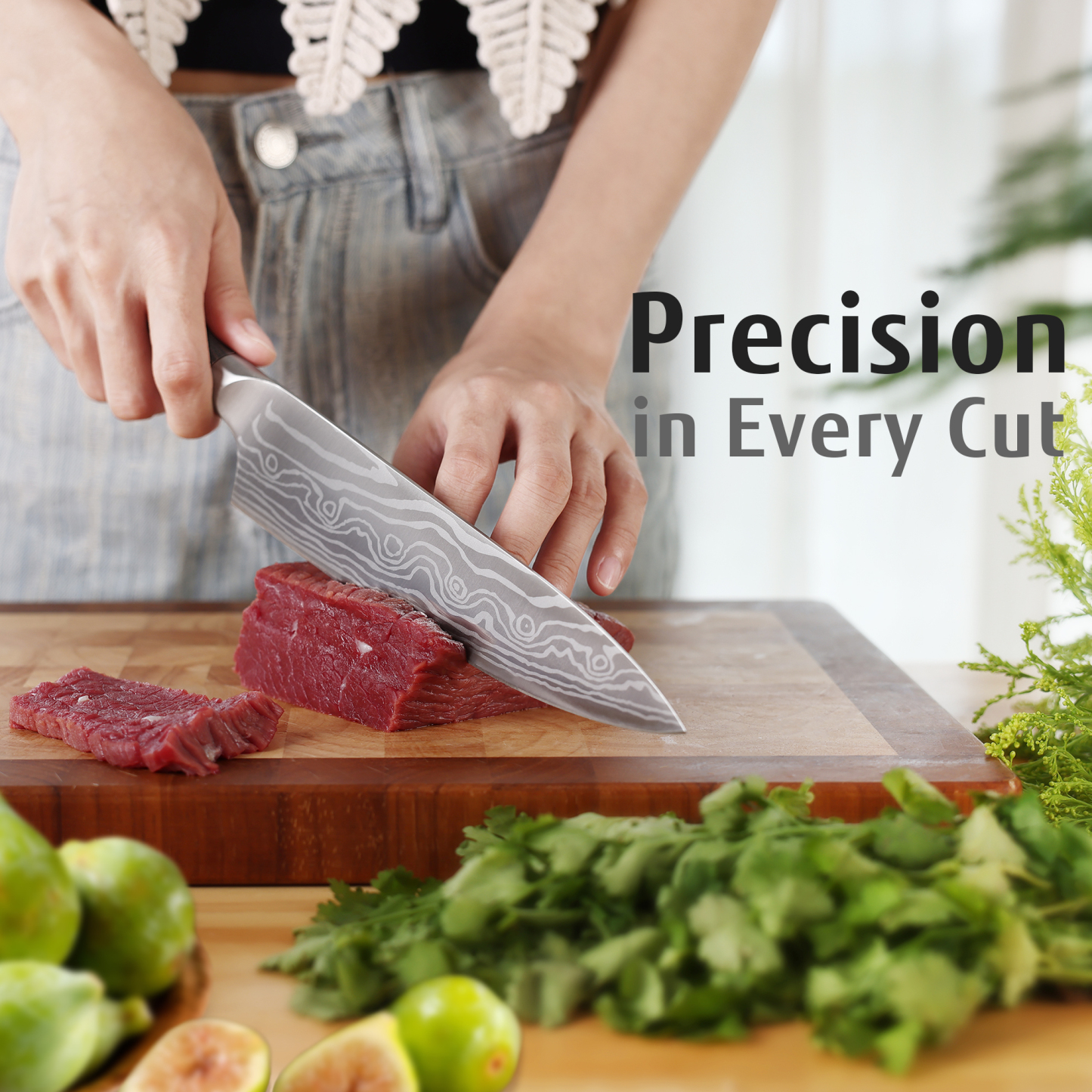 Hecef 8-Inch Chef Knife with Japanese Damascus Pattern and Ergonomic Wood Handle