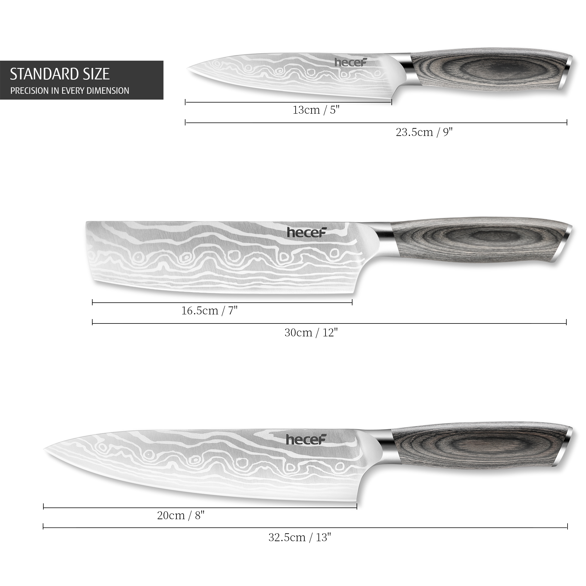 Hecef 8-Inch Chef Knife with Japanese Damascus Pattern and Ergonomic Wood Handle