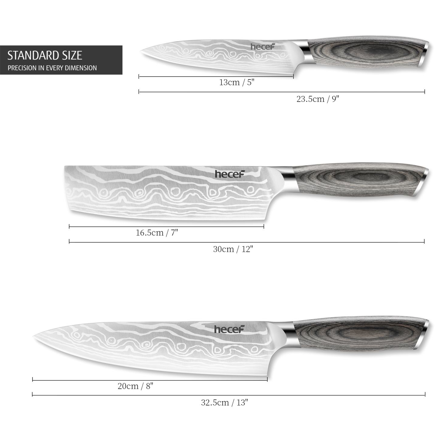 Hecef 8-Inch Chef Knife with Japanese Damascus Pattern and Ergonomic Wood Handle