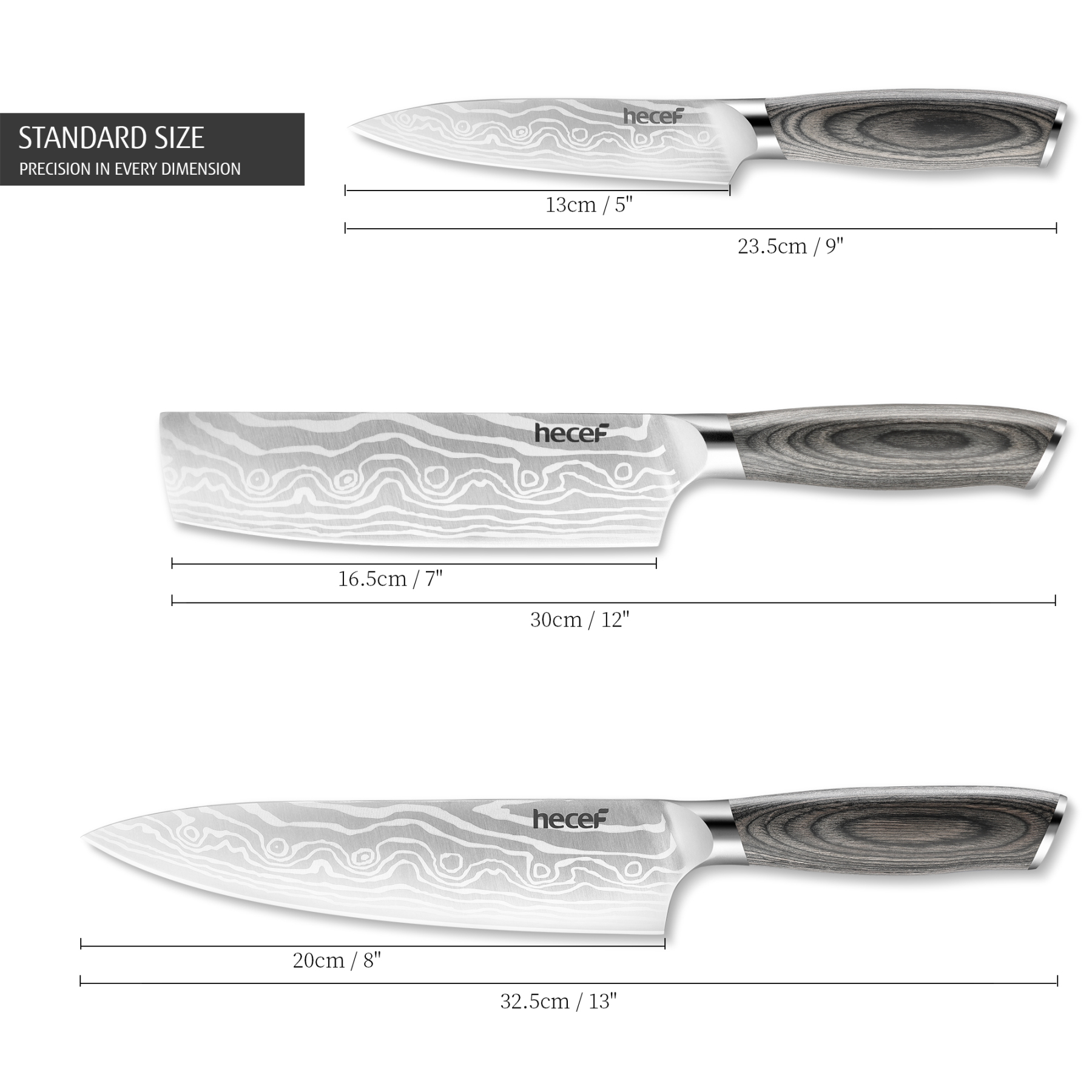 Hecef 8-Inch Chef Knife with Japanese Damascus Pattern and Ergonomic Wood Handle