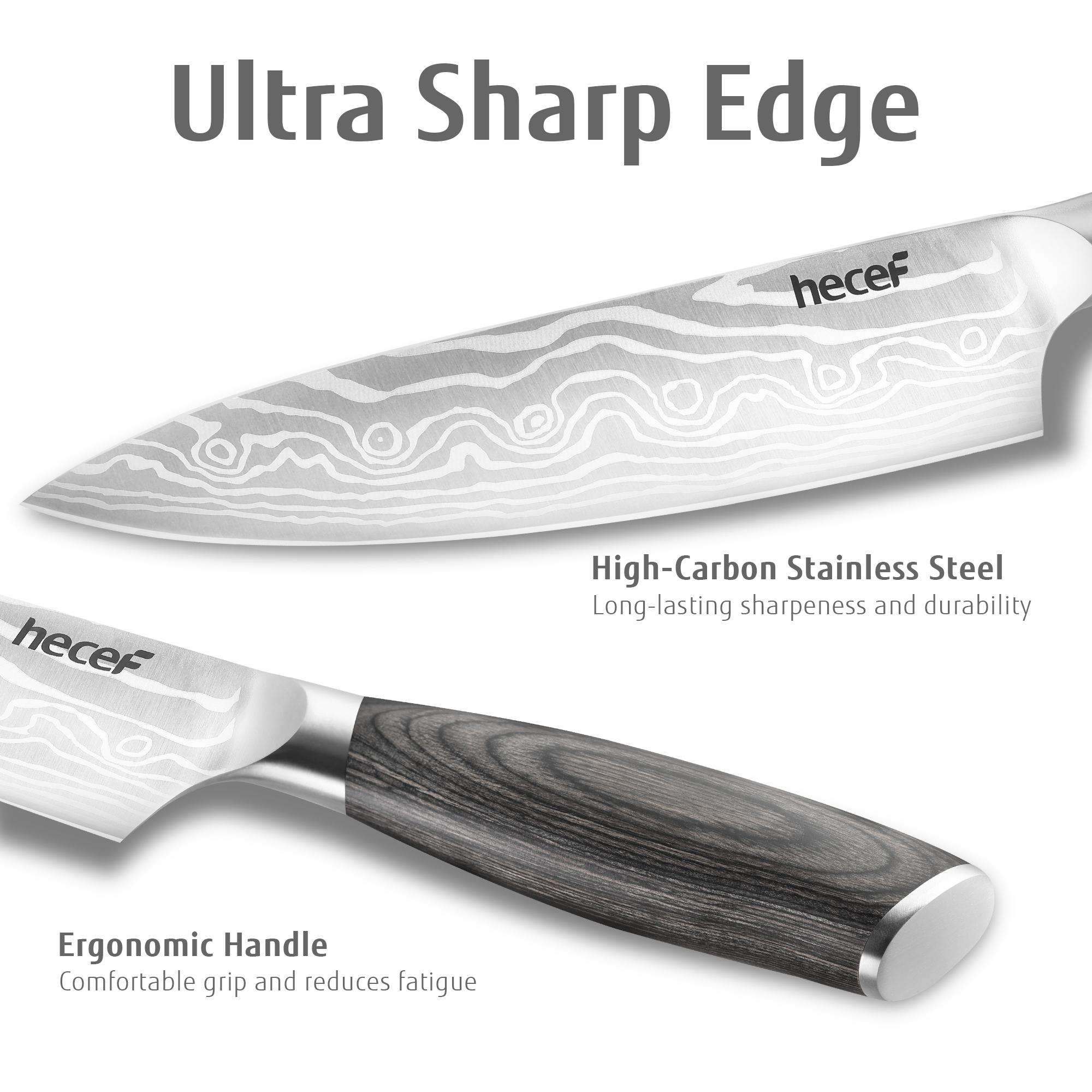 Hecef 8-Inch Chef Knife with Japanese Damascus Pattern and Ergonomic Wood Handle