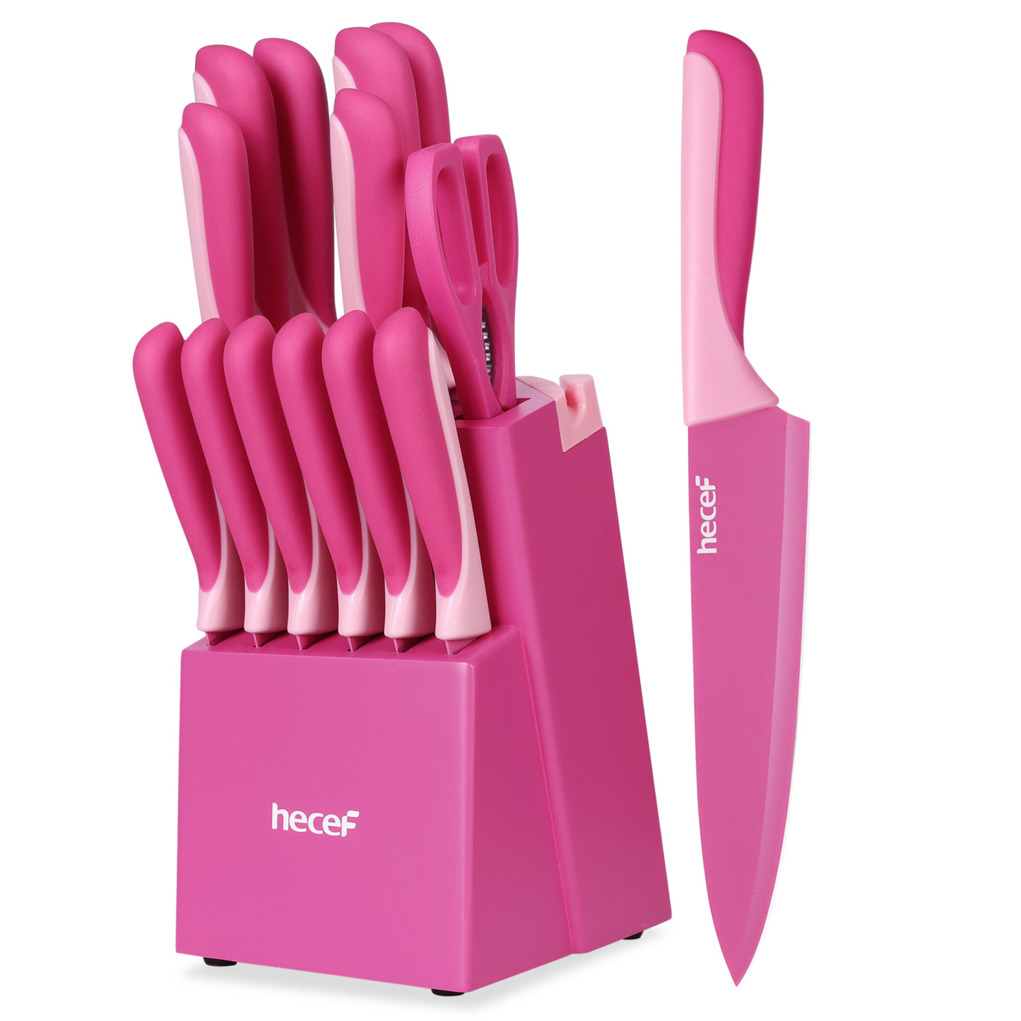 hecef 15PCS Sharp Kitchen Knife Set with Built-in Sharpening Wooden Block Dishwasher Safe