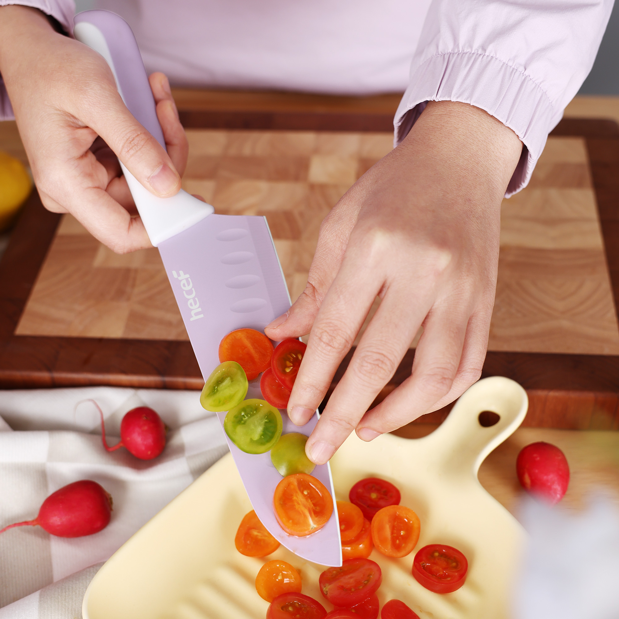 hecef 15PCS Sharp Kitchen Knife Set with Built-in Sharpening Wooden Block Dishwasher Safe