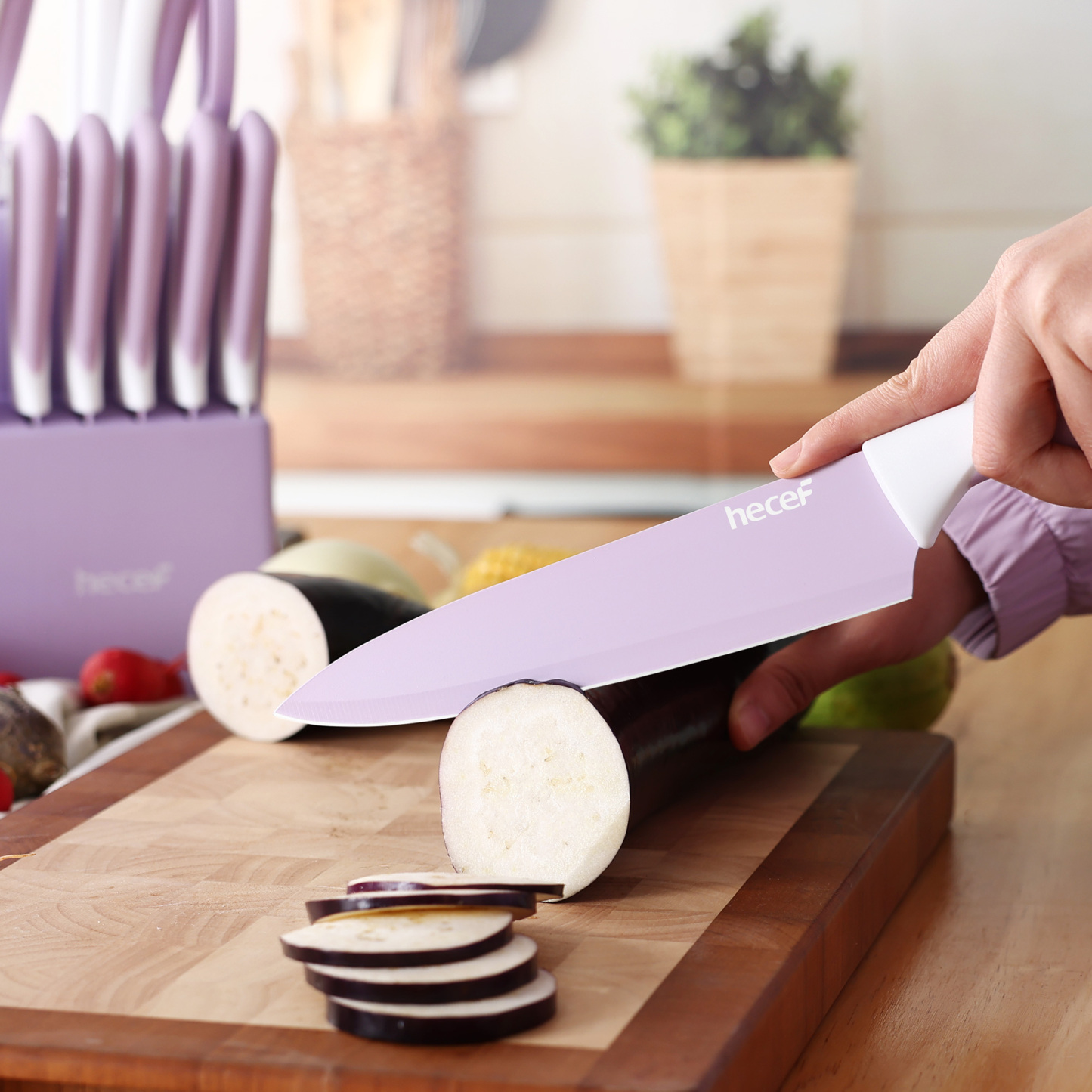 hecef 15PCS Sharp Kitchen Knife Set with Built-in Sharpening Wooden Block Dishwasher Safe