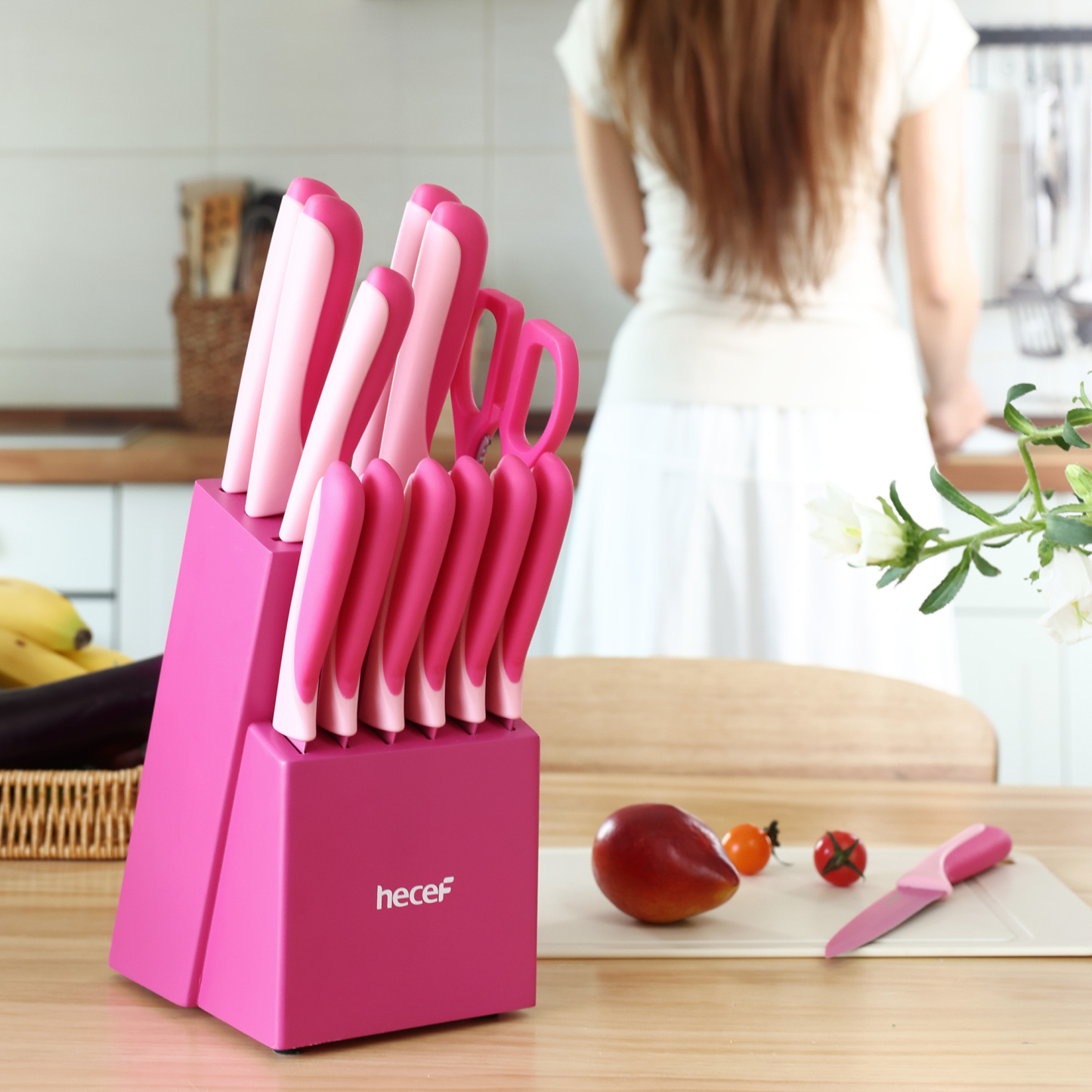hecef 15PCS Sharp Kitchen Knife Set with Built-in Sharpening Wooden Block Dishwasher Safe
