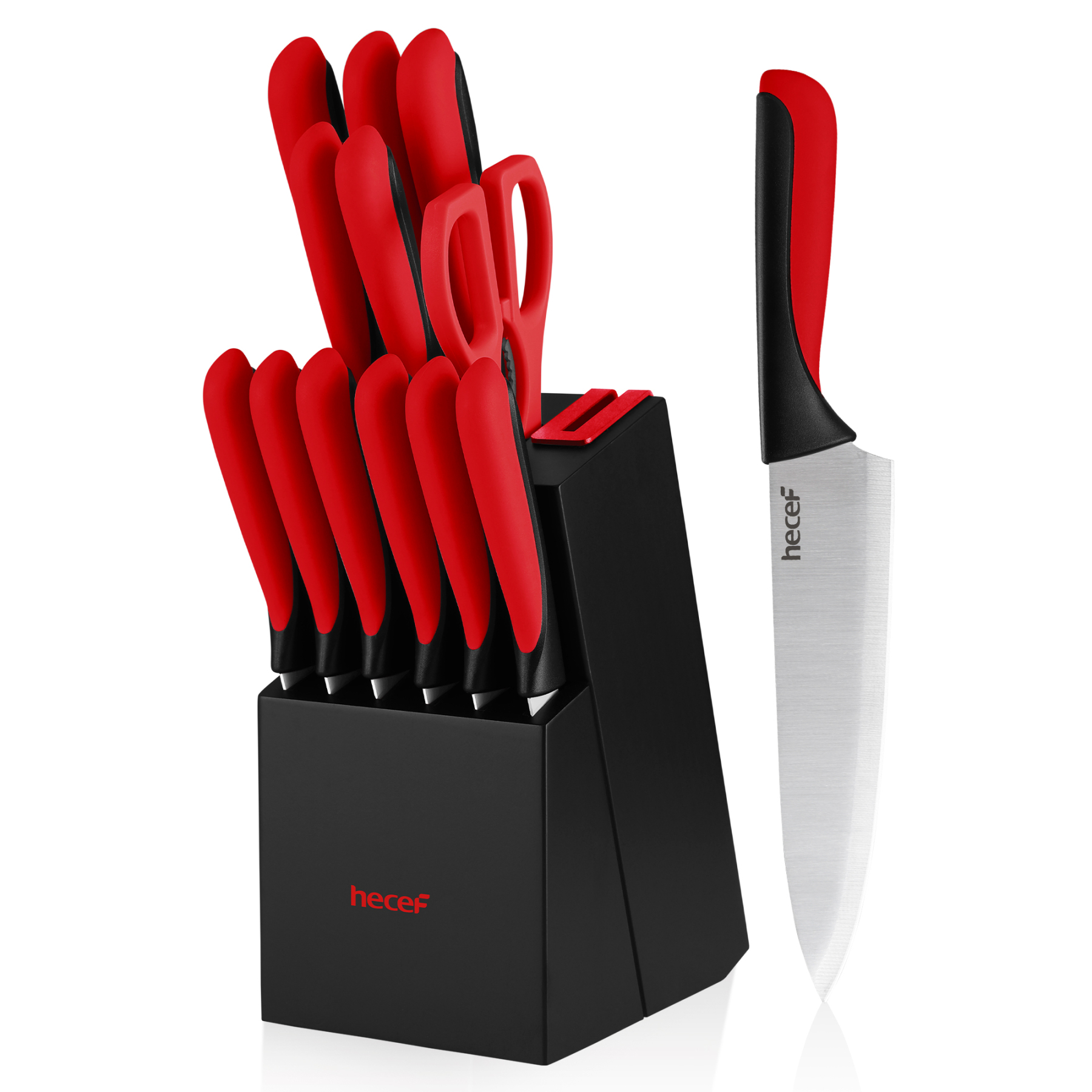 Hecef 13-Piece Knife Set, Stainless Steel Kitchen Knives with Block, Chef Knife, Santoku Knife, Steak Knives, Scissors