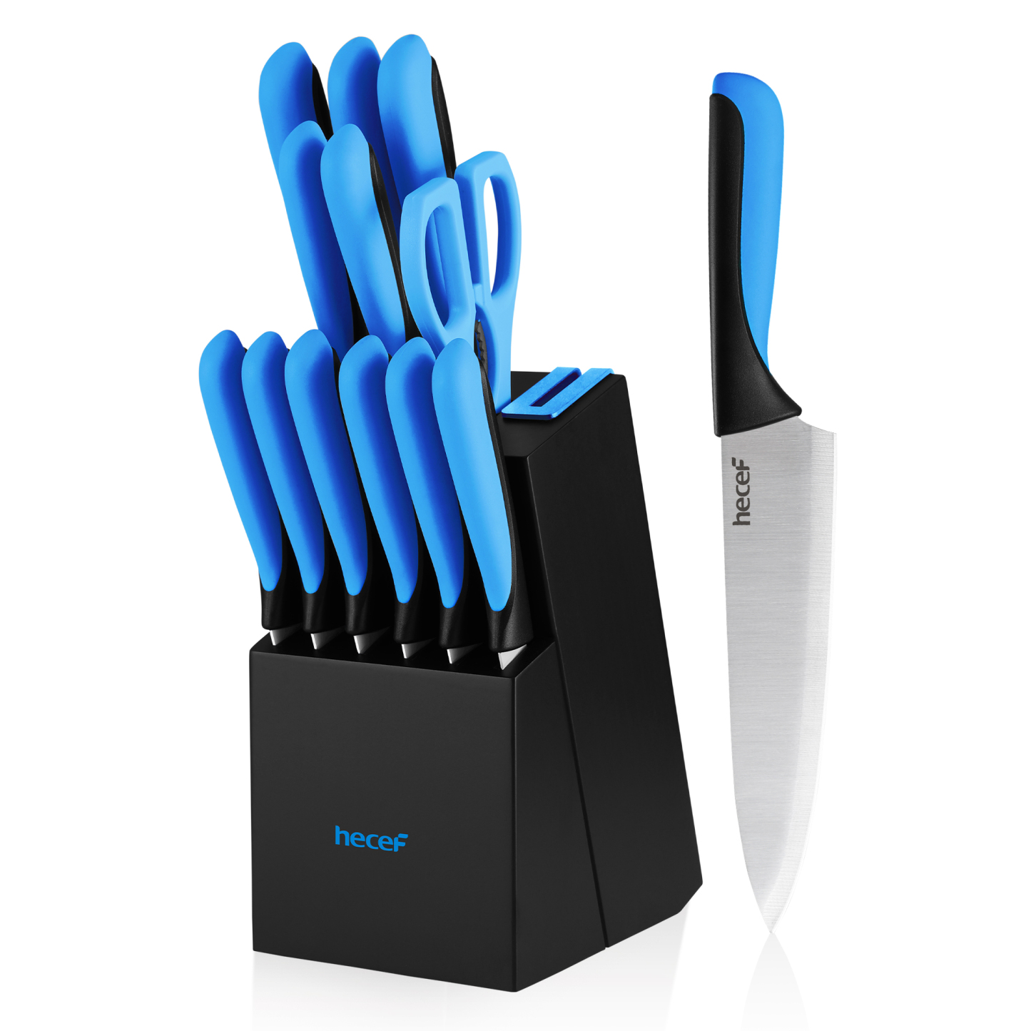 Hecef 13-Piece Knife Set, Stainless Steel Kitchen Knives with Block, Chef Knife, Santoku Knife, Steak Knives, Scissors