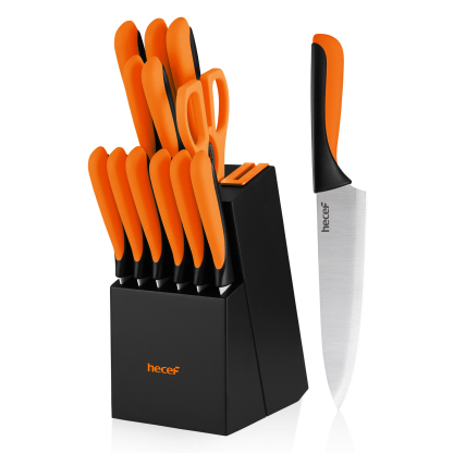 Hecef 13-Piece Knife Set, Stainless Steel Kitchen Knives with Block, Chef Knife, Santoku Knife, Steak Knives, Scissors