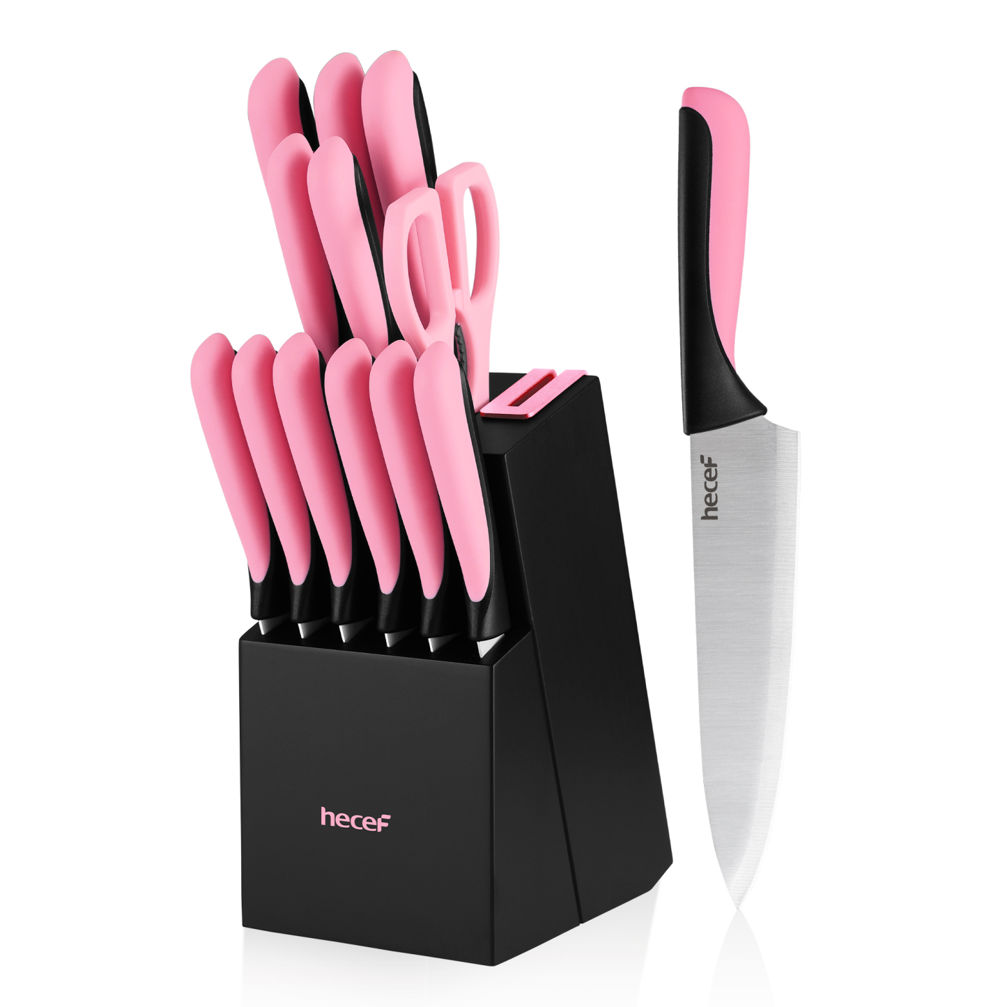 Hecef 13-Piece Knife Set, Stainless Steel Kitchen Knives with Block, Chef Knife, Santoku Knife, Steak Knives, Scissors