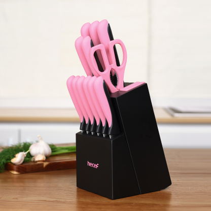 Hecef 13-Piece Knife Set, Stainless Steel Kitchen Knives with Block, Chef Knife, Santoku Knife, Steak Knives, Scissors