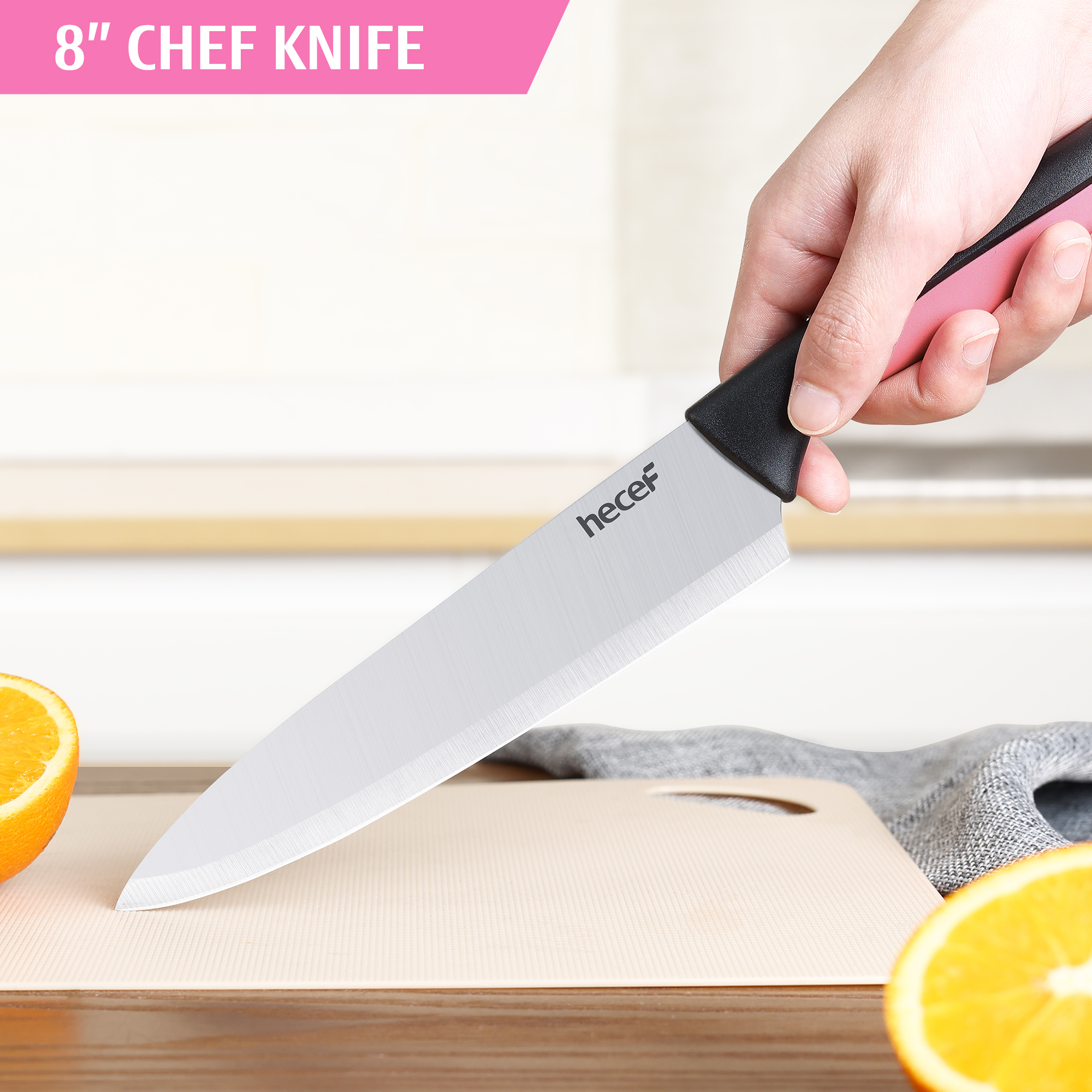 Hecef 13-Piece Knife Set, Stainless Steel Kitchen Knives with Block, Chef Knife, Santoku Knife, Steak Knives, Scissors