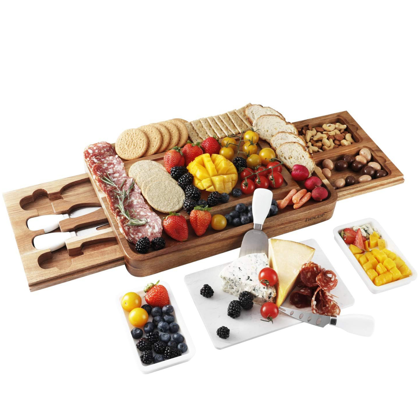 Hecef Cheese Board Gift Set Acacia Wood - Large Charcuterie Board with Stainless Steel Knife Set, Thick Wooden Server - Fancy Christmas Gift, House Warming Gift, Birthday Present & Perfect Choice for Gourmets