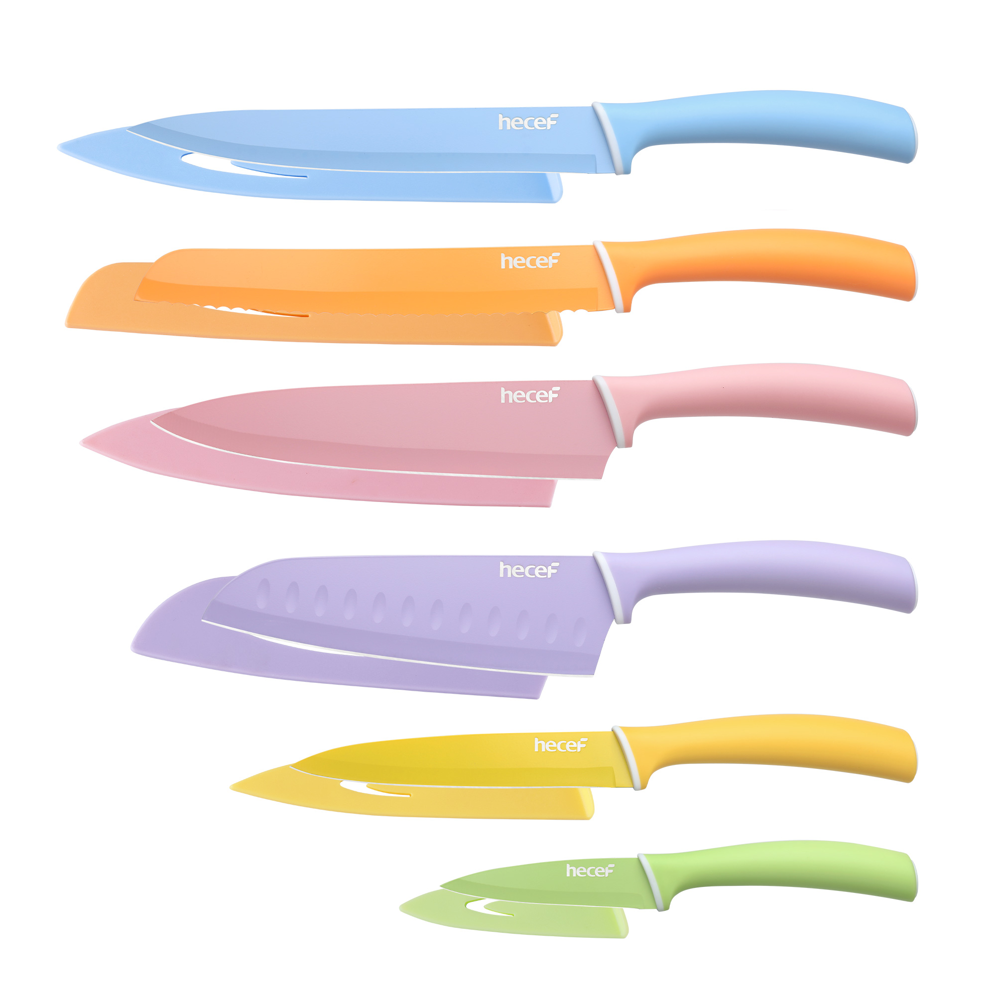 hecef Colorful Knife Set, 6 Pieces Kitchen Knife Set with Covers, Stainless Steel Colour Coded Non-Stick Cooking Knife Set Including Paring, Utility, Bread, Carving, Santoku & Chef Knife