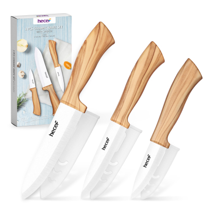 Hecef 3 Piece Ceramic Knife Set With Blade Covers, Ergonomic Wood Grain Handles