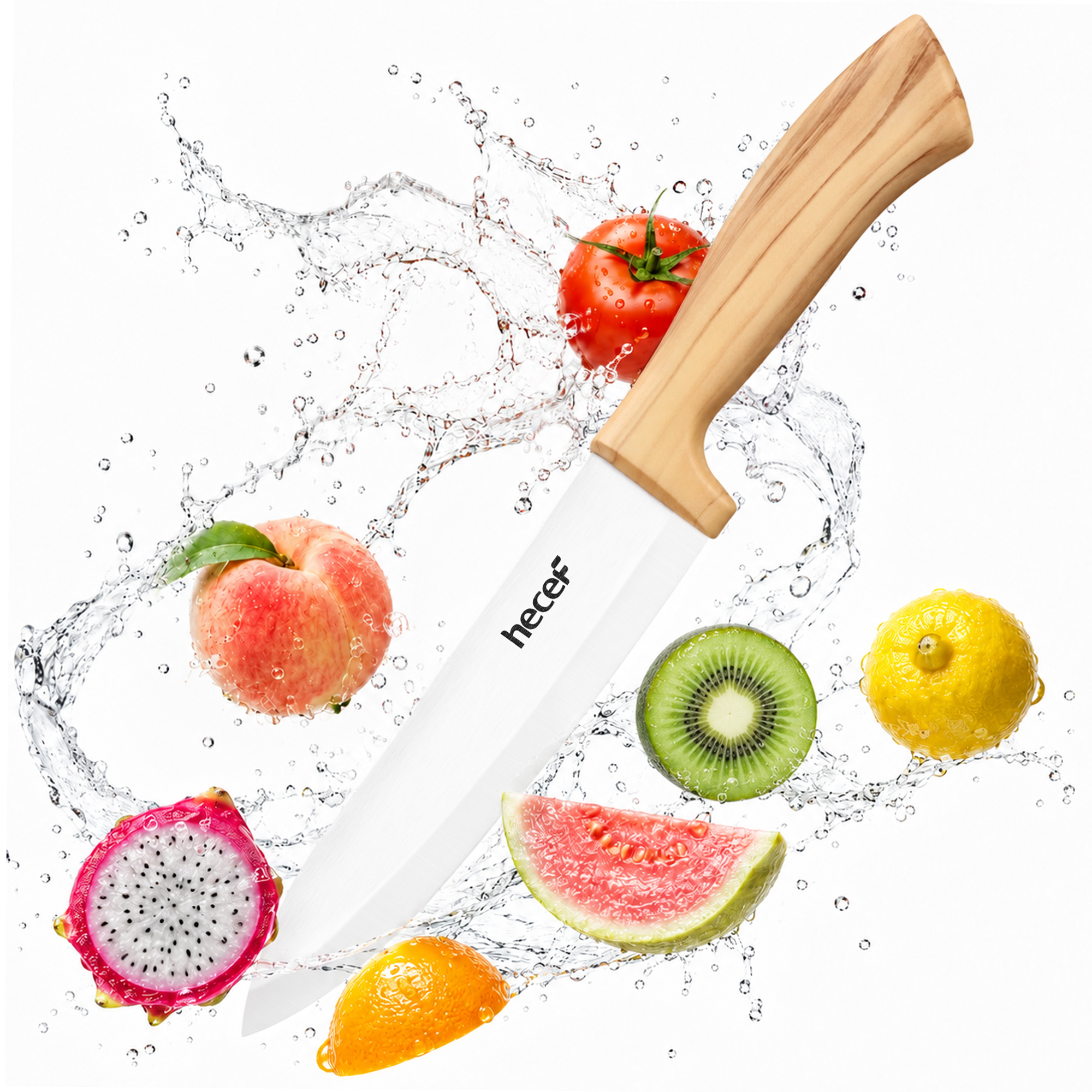 Hecef 3 Piece Ceramic Knife Set With Blade Covers, Ergonomic Wood Grain Handles