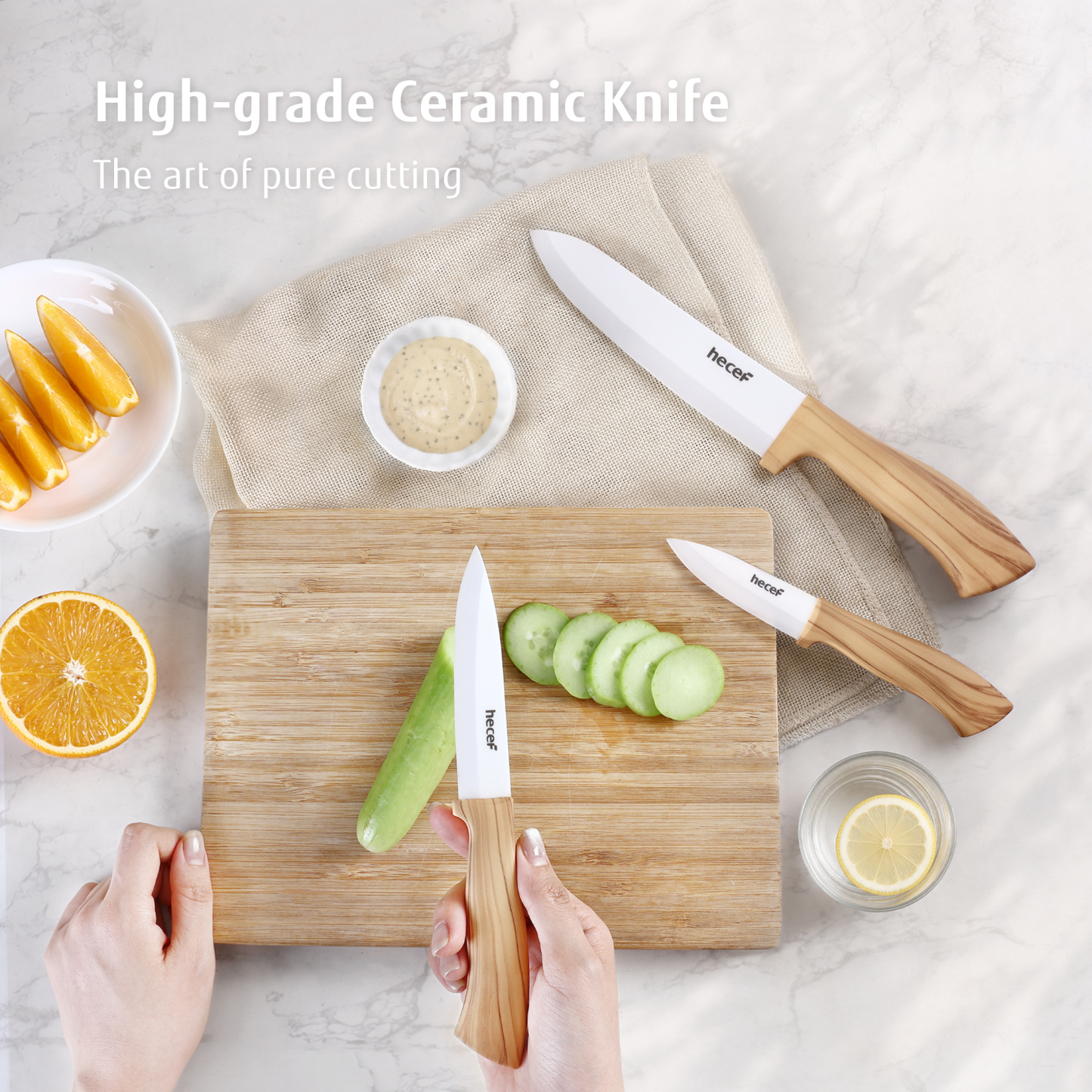 Hecef 3 Piece Ceramic Knife Set With Blade Covers, Ergonomic Wood Grain Handles