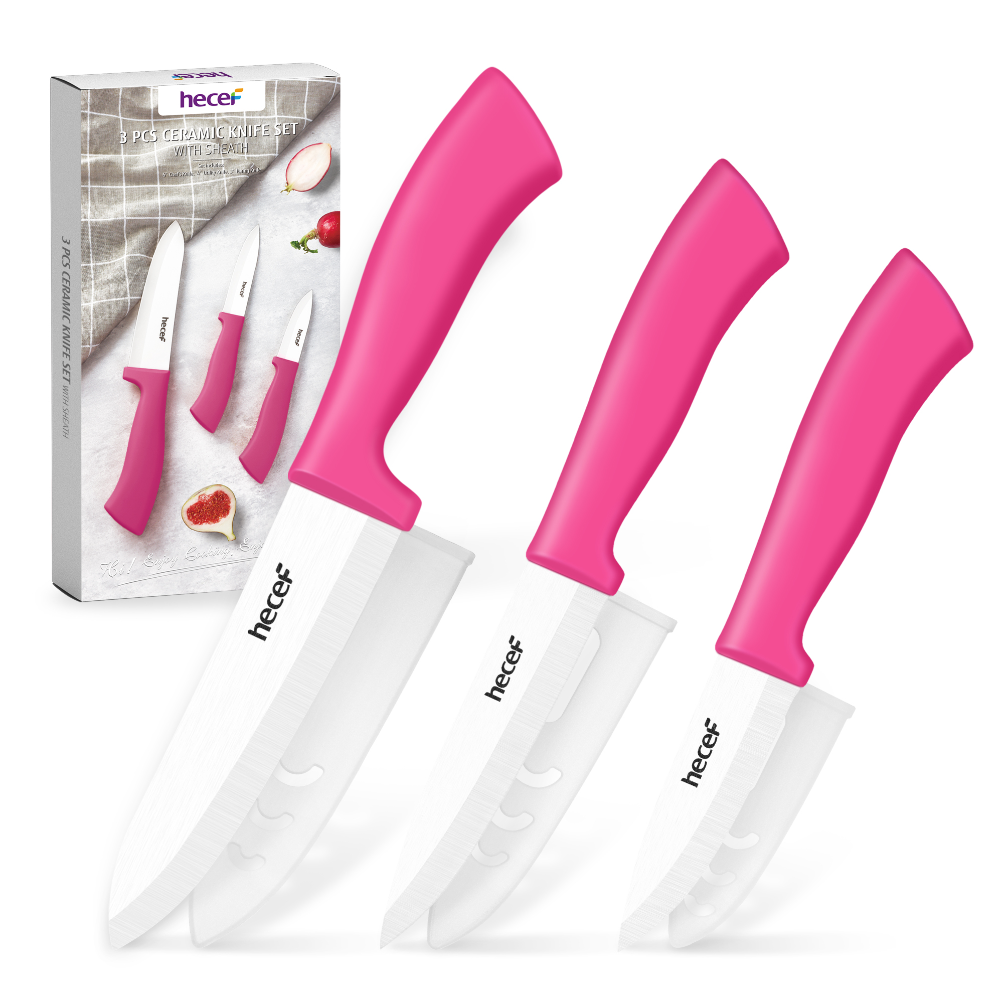 Hecef 3-Piece Ceramic Knife Set With 3 Blade Covers, Hot Pink Sharp Chef Utility Paring Knife