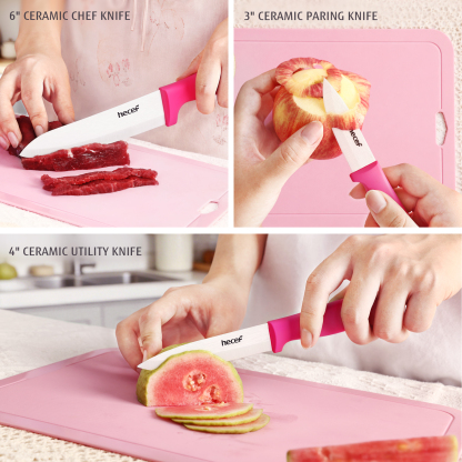 Hecef 3-Piece Ceramic Knife Set With 3 Blade Covers, Hot Pink Sharp Chef Utility Paring Knife