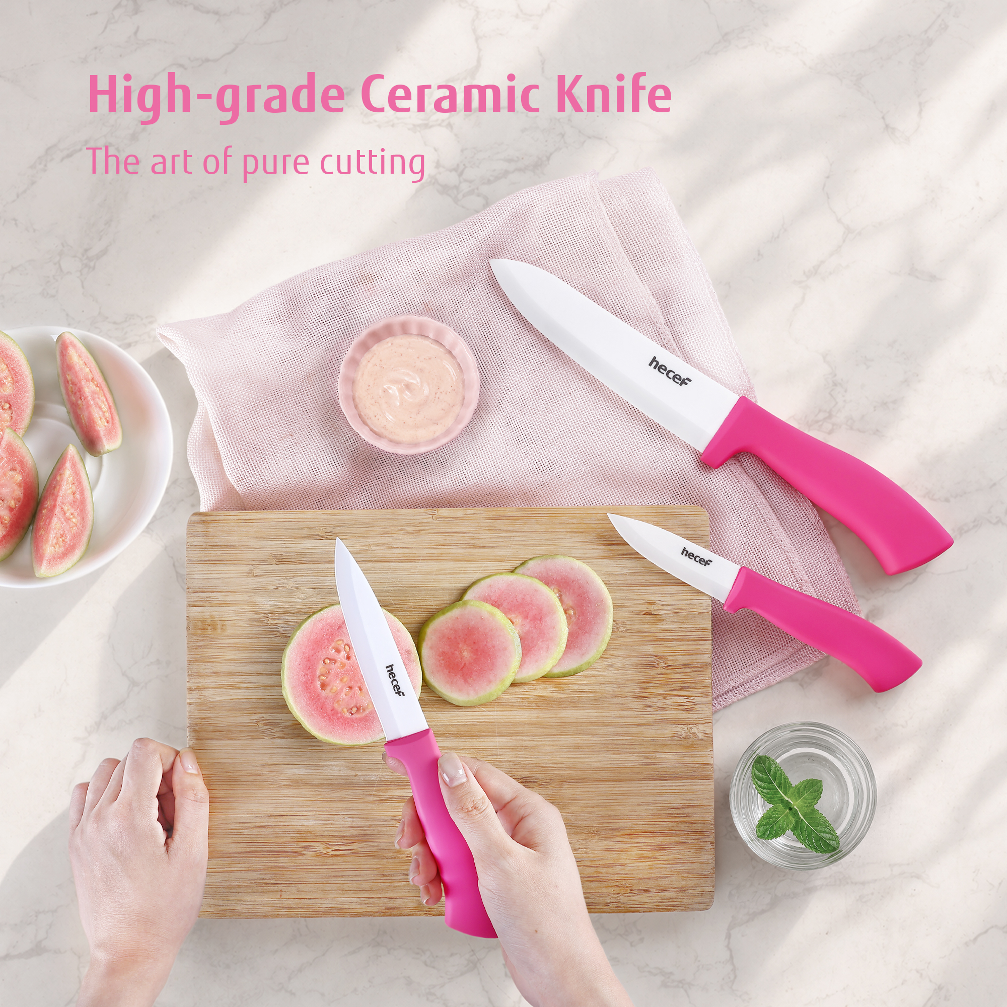 Hecef 3-Piece Ceramic Knife Set With 3 Blade Covers, Hot Pink Sharp Chef Utility Paring Knife