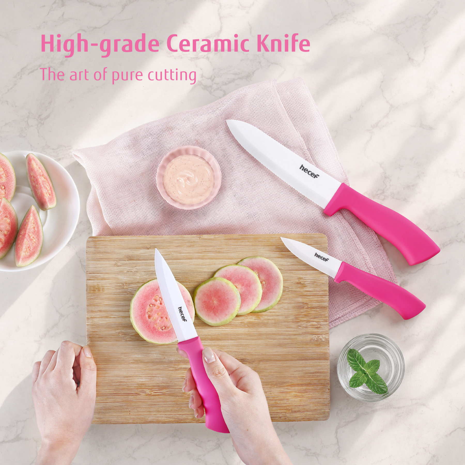 Hecef 3-Piece Ceramic Knife Set With 3 Blade Covers, Hot Pink Sharp Chef Utility Paring Knife